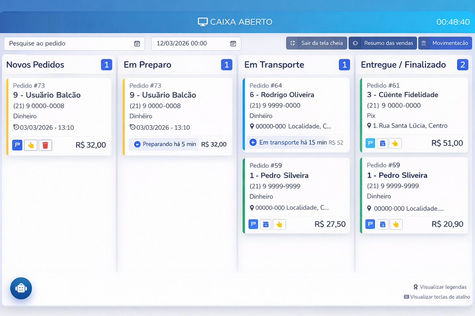 Tela principal do sistema Marcell Food 